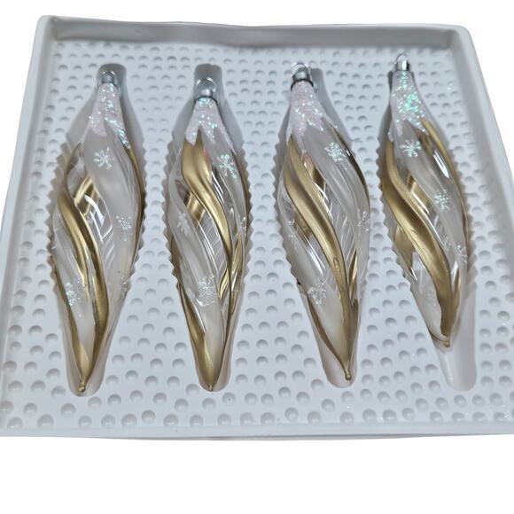 VTG Box Bradford Clear Gold White Glitter Icicle Drop GLASS Christmas Ornaments - Picture 3 of 7